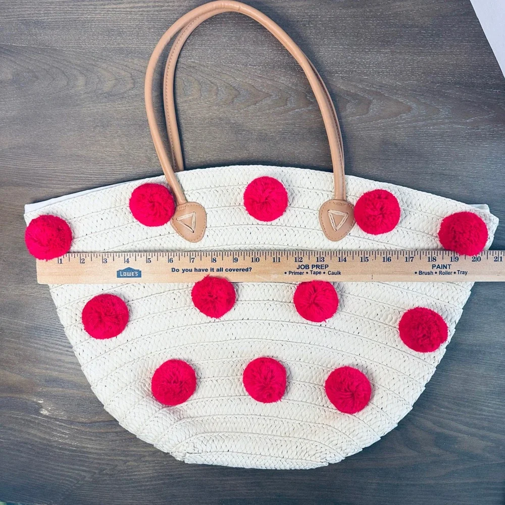 Shiraleah Klo Chicago‎ Straw Tote Bag Pink Pom Pom Beach Summer Shoulder Bag Lg